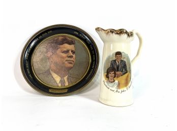 JFK Grouping - 8'' Tin Commemorative Plate And Small Porcelain Pitcher