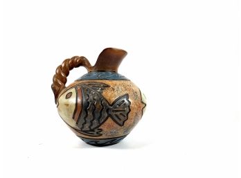Small Peruvian Clay Jug With Handle - Debossed Striping On Fish And Other Details