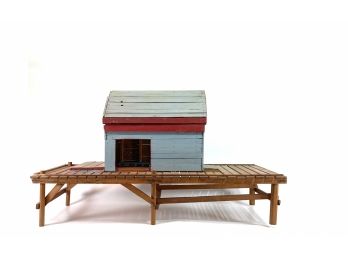 Folk Art Hand Crafted And Painted Model Dock House Set On Pile Dock
