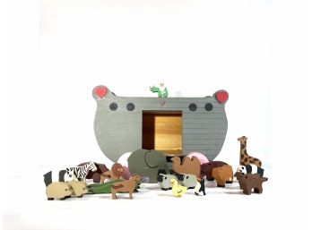 Folk Art - Solid Wood & Hand Painted Childs Toy Of Noah's Ark With Accompanying Book