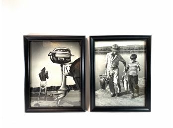 Framed Pair Vintage Black & White Photographs Evinrude Outboard And Grandson And Grandfather Fishing Pier