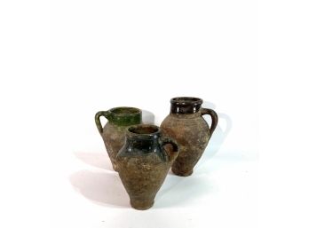 (3) Early Mediterranean Vessel Shaped Single Handle Green Glaze Olive Jars