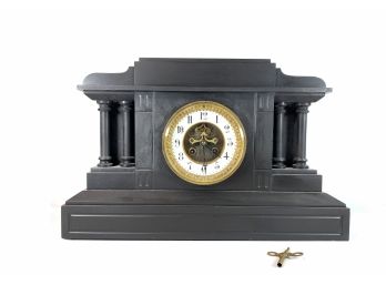 Antique Soapstone Chiming Mantel Clock With Beautiful Dial And Bezeled Dial Lens - Winding Key Is Present