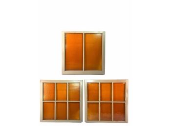 Architectural Salvage Trio Of Textured Amber Glass Multipane Windows (2) 6 Pane - (1) 2 Pane