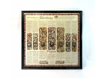 Rare Vintage - Rag Paper Lithograph Framed And Matted Behind Glass - 'The Story Of Advertising' 1400- 1945