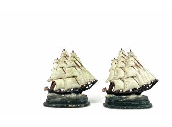 Antique Painted Cast Iron Tall Ship Book Ends