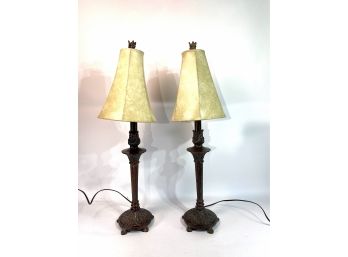 Pair - Floridian Style Iron Lamps With Soft White Shades And Finials