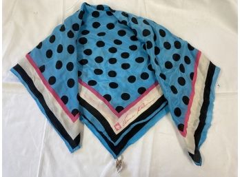 Anne Klein All Silk Blue Scarf With Black Dots And Pink/white Border