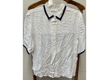 Vintage David Brooks Short Sleeve White Blouse With Blue Trim