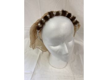 Pearl And Fur Headband With Tan Veil