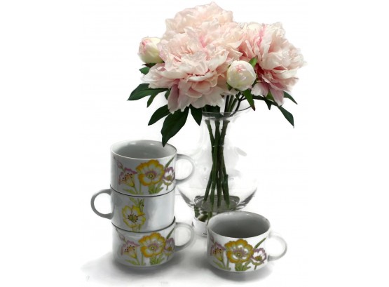 Fine China 'Jessica' Pattern By Toscany ~  Four Large Coffee/Soup Mugs With Pink/Yellow Flowers