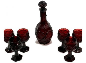 Ruby Red Decanter And Six Wine Glasses Made By Avon, Cape Cod Collection 1876