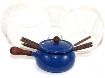 Vintage Blue Enamel Fondue Pot, Tongs & Plates