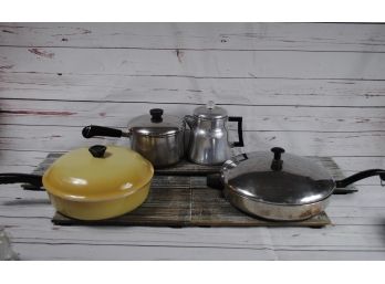 Yellow, Aluminum Pots & Pans With Coffee Pot