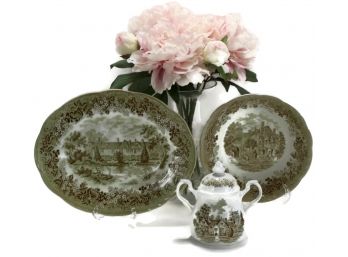 J. G. Meakin Romantic England Green ~ Sugar Bowl & Lid, Serving Platter, Dinner Plate
