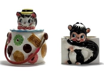 Smiling Cat Cookie Jar & Happy Skunk Planter