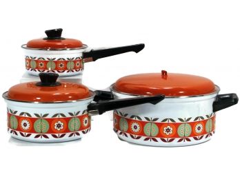 Vintage Enamelware Sauce Pans With Retro Orange/White Floral Design