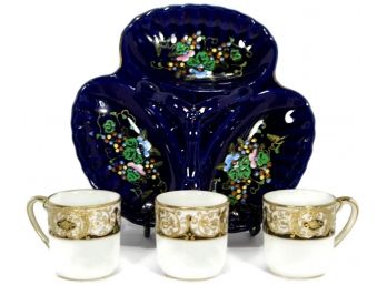 Vintage Noritake Set Of Three Demitasse Cups & Three Section Hand Painted Relish Dish