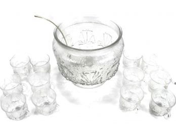 Crystal Punch Bowl & Cups With Daisies