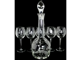 Handblown Tuscany Etched Crystal Decanter & Wine Glasses