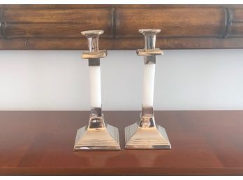 Pair Of Silver Plated And Alabaster Candlesticks