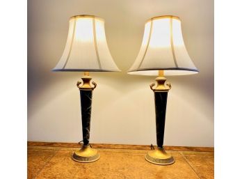 Pair Of Green Marble & Brass Table Lamps