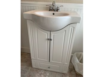 White Vanity With Farmhouse White Sink And Faucet