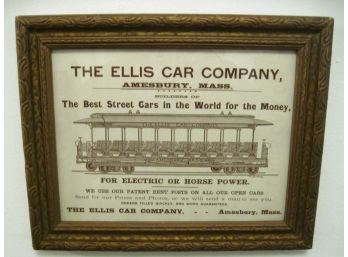 The Ellis Car Company Framed Advertisement Trolley Car Amesbury Mass