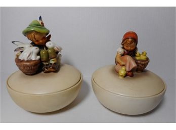 Pair Of Hummel Covered Candy Dishes Chick Girl &  Playmates