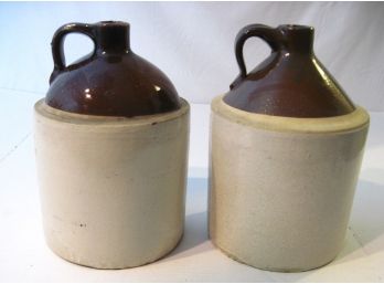 Pair Of Antique 2 Tone  Stoneware Moonshine Whiskey Jugs Brown Salt Glazed