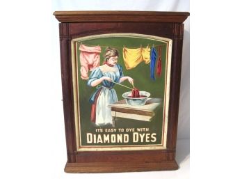 Great Antique Diamond Dyes Tin Lithograph Oak Store Display Cabinet