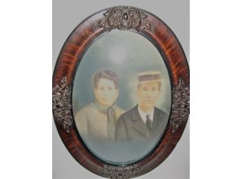 Beautiful Antique Oval Convex Bubble Glass Tiger Oak Frame With Ancestor Colored Portrait