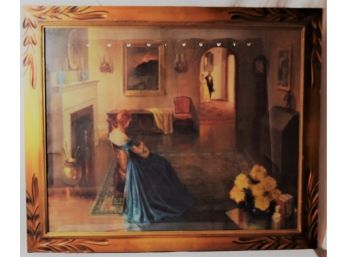 Beautiful Large Vintage Framed Print Victorian Lady In Parlor