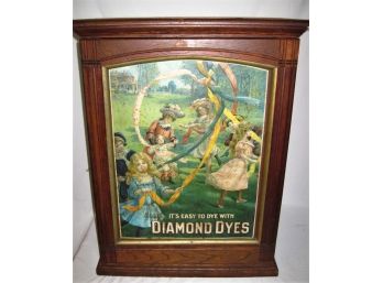 Antique Diamond Dyes Tin Lithograph Oak Store Display Cabinet