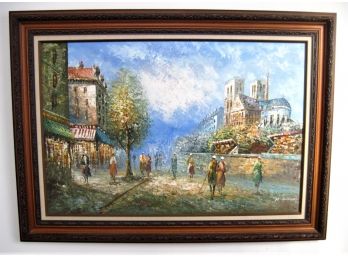 Signed Burnett Large Impressionist Parisien  Street Scene Oil Painting