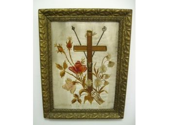 Antique 19th Century Religious Embroidery With Crucifix