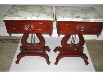 Pair Of Marble Top Single Drawer Carved Handle Harp Tables