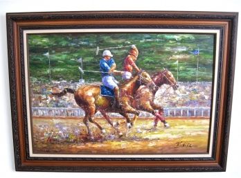 Large Signed Impressionist Polo Match With Horses Oil On Canvas Painting