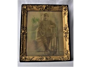 Antique WWI European Soldier Colored Photo In Ornate Gilt Gesso Frame