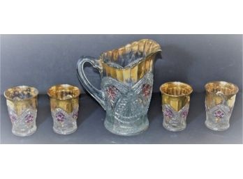 Antique Northwood Gold Gilt & Ruby Flower Pitcher & Tumblers