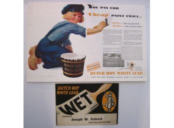 Vintage 1930,s Dutch Boy 2 Page Mounted Ad & Wet Paint Sign