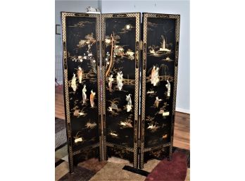 Beautiful Oriental Black Lacquer Mother Of Pearl 3 Panel Geisha Girl Screen Room Divider