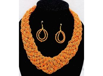 Orange And Earthtone Seed Bead Necklace And Earring Set