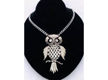 Large Owl Pendent Necklace With Rhinestone Eyes