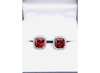 Sensational Genuine Garnet Stud Earrings In Sterling Silver