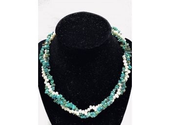 Turquoise Nugget And Baroque Pearl Braided Choker Style Necklace