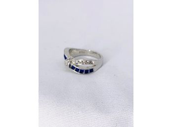 Sterling Silver And Blue Rhinestone Ladies Ring - Size 7