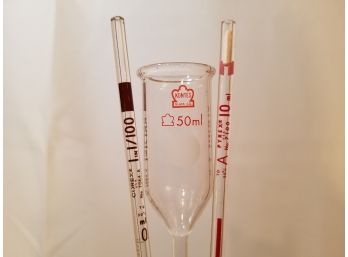 Vintage Kontes Glass Funnel 50ml, Pyrex No.7100, & Corex No.7064-A Volumetric Pipettes