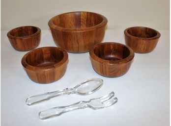 Danish Modern Dansk Wooden Salad Set Plus Glass (2) Piece Salad Server