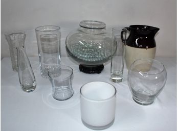 Stoneware Pitcher And (8) Glass Vases